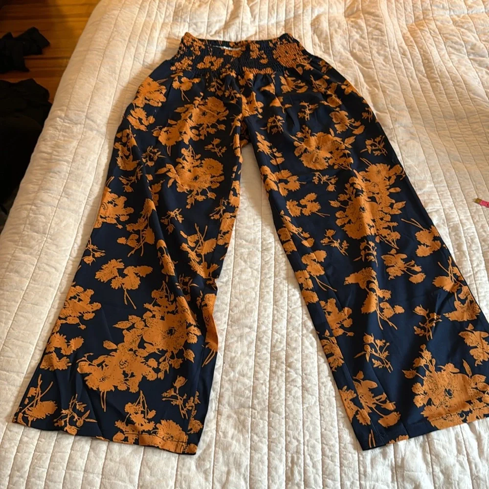 Navy and Orange Floral Palazzo Pants - Picture 8 of 10